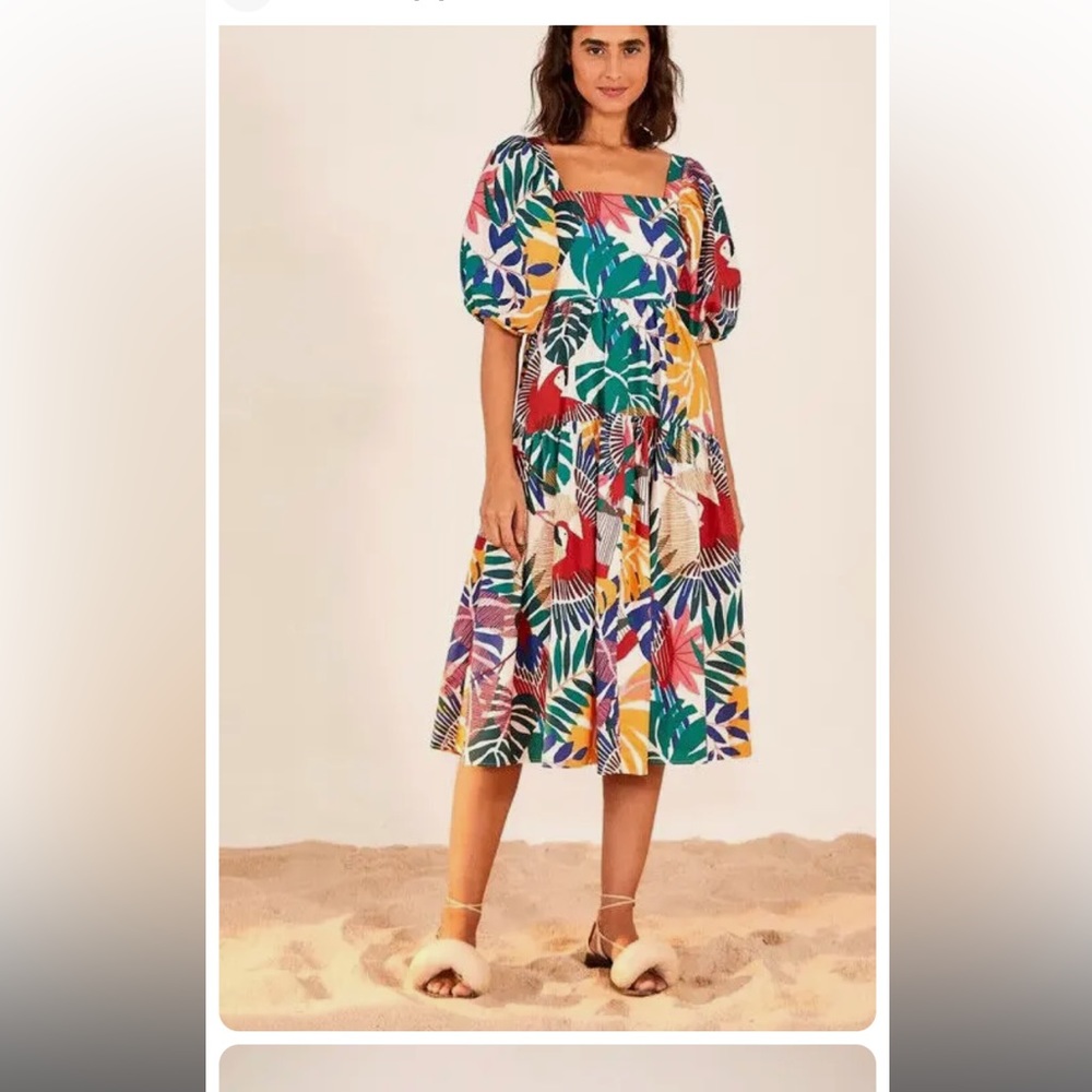 Farm Rio Off White Multi Color Macaw Dress Small Cotton Puff Sleeve Smocked Midi